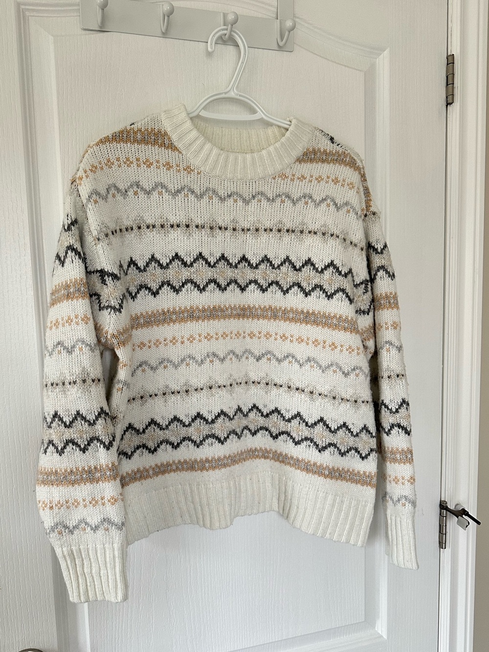 AE Cottagecore Fair Isle Pattern Knit Pullover Sweater Cream Tan Boho Oversized - Picture 2 of 8